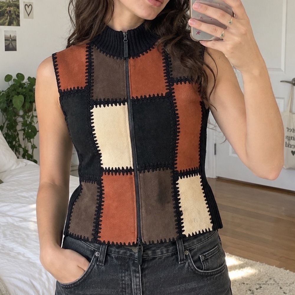Vintage Patchwork Leather Knit Vest Brown Black M boho grunge indie